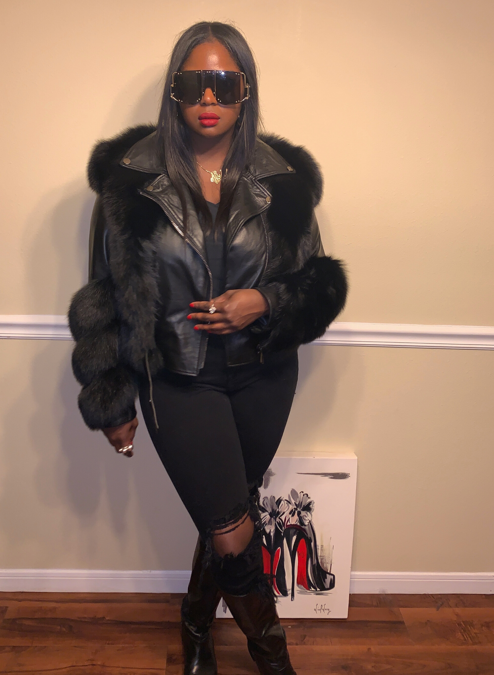 Size M Leather fox fur motorcycle jacket