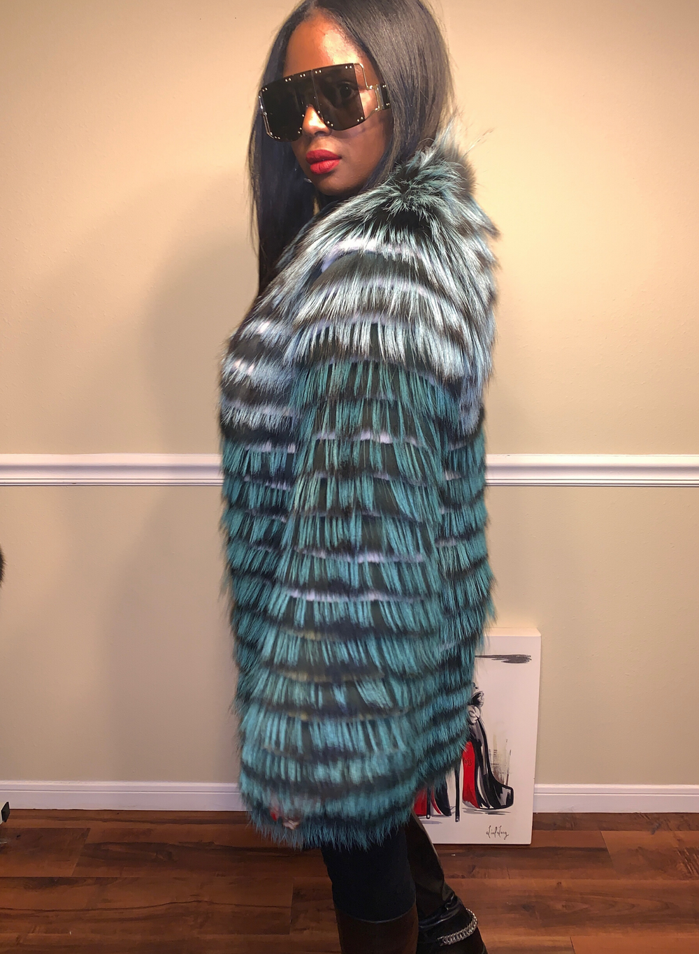 Size M. Green Sheared Silver Fox Jacket with Rex Rabbit (white) inserts