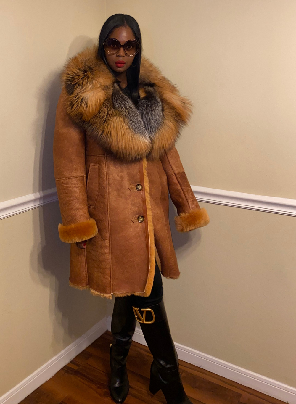 SIZE XL: Cognac Shearling with Fox Collar